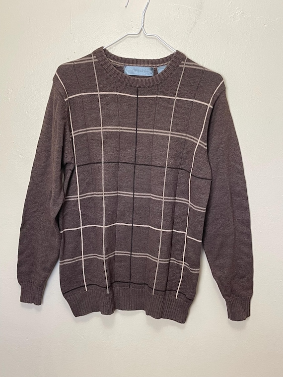 Oscar de la Renta, Oscar de La Renta Vintage 90s Taupe Checkered Crewneck Sweater