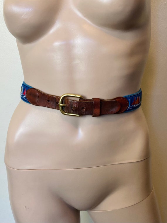 Brown Leather Vintage 70s Sailboats Belt - image 3