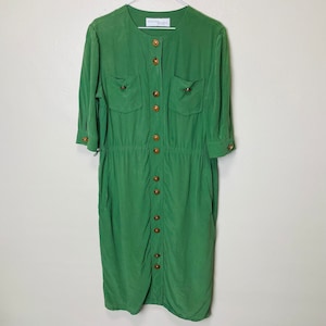 Reine Seide 1960er Jahre Shady Glade Midi Kleid in Grün mit Taschen