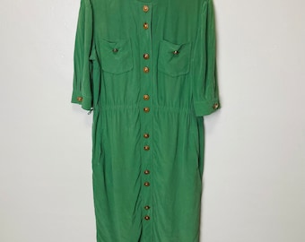 Reine Seide 1960er Jahre Shady Glade Midi Kleid in Grün mit Taschen