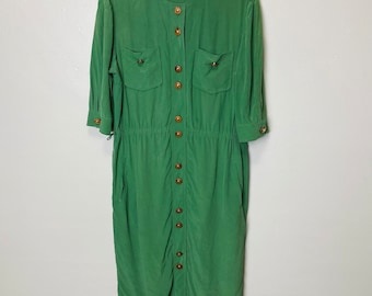 Pure Silk 1960s Shady Glade Green Midi Dress with Pockets