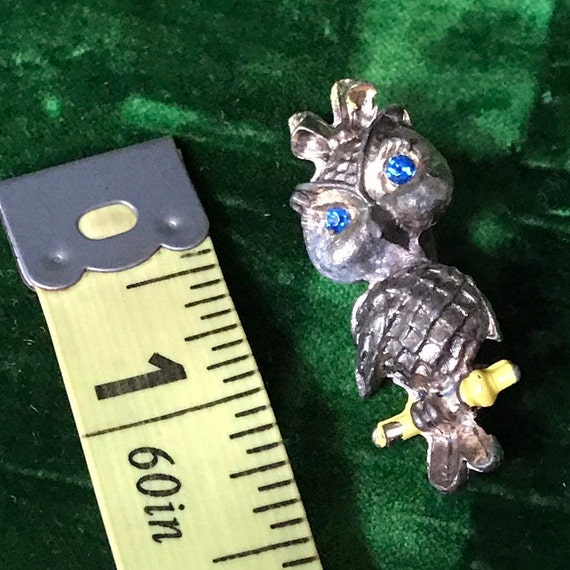 Vintage 60s Owl Blue Rhinestone Eye Brooch - image 3