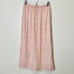 Pure Silk Green and Pink Square Patterned Vintage 90s Midi Skirt