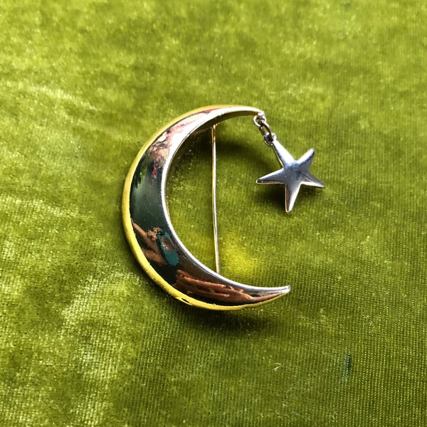 Vintage 90s Moon and Star Charm Brooch