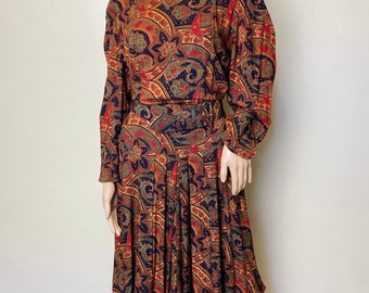 Fall Paisley Vintage 90s Belted Midi Dress