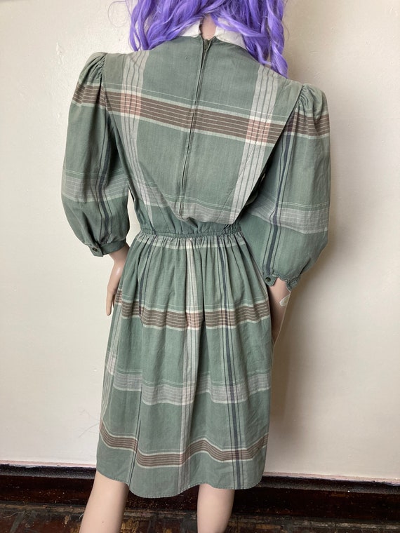 Sage Green Plaid Vintage 70s Lace Bib Midi Dress - image 10