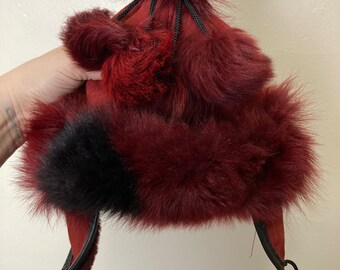 Red and Black Rabbit Fur Vintage 80s Puffball Winter Hat  display picture 2