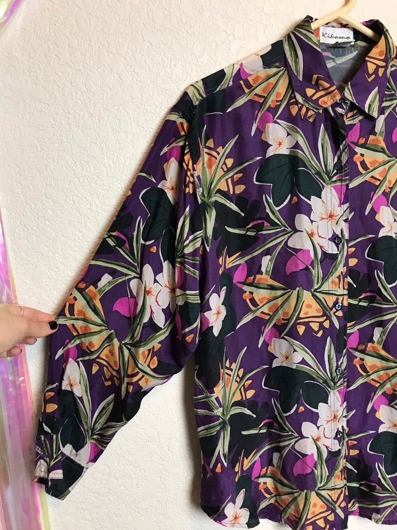 Vintage 1980s Jewel Tone Floral Silk Button Down Blouse