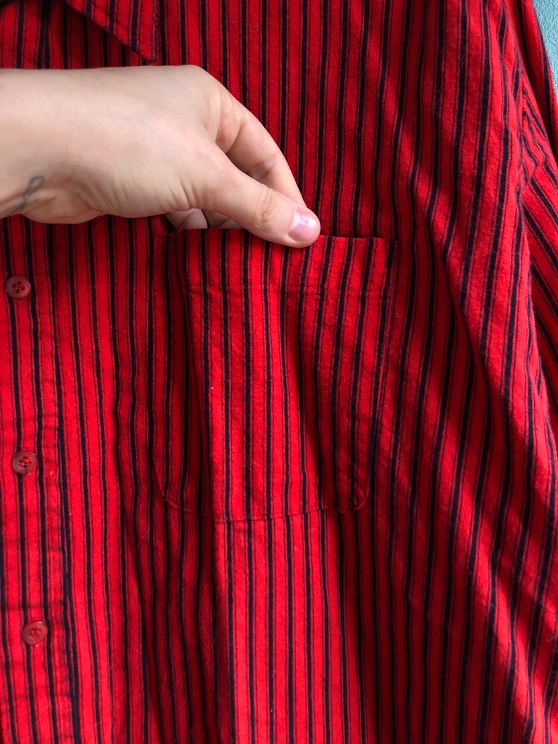 Vintage 80s Black and Red Vertical Striped Cotton Oversize Rugged Western Shirt