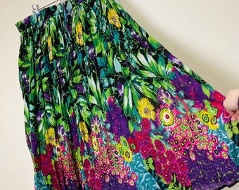 Botanical Print Plus Size Crinkle Vintage 90s Full Midi Skirt