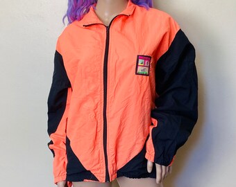 Neon Orange Vintage 80s Zip Up Windbreaker Jacket