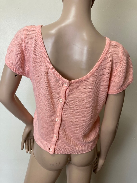 Peach Knit Vintage 80s Button Back Cropped Sweate… - image 2