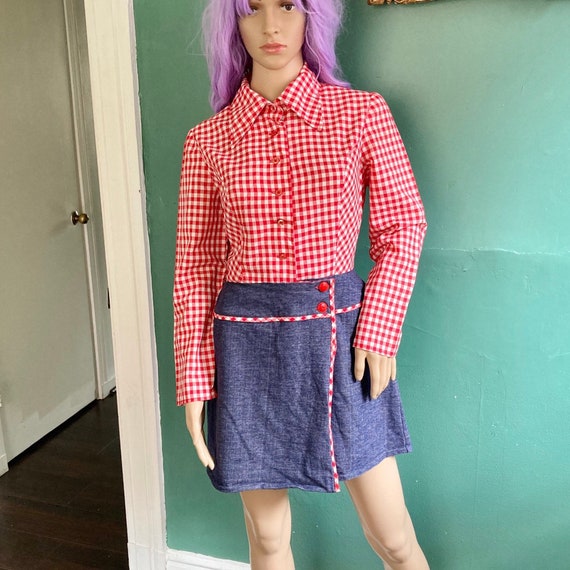 Vintage 70s Blue and Red Gingham Dress with Shorts