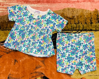 Blue Calico Floral Print Tee and Shorts Matching Vintage Baby Set