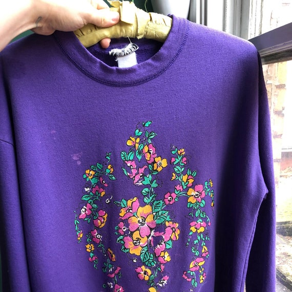 Vintage 80s Botanical Oversize Purple Sweatshirt - image 2