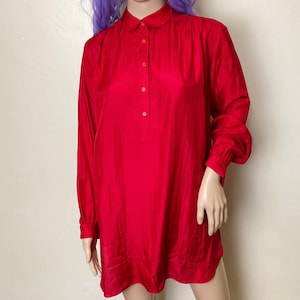 Rose Red Pure Silk Vintage 60s Oversize Shirt Dress Tunic