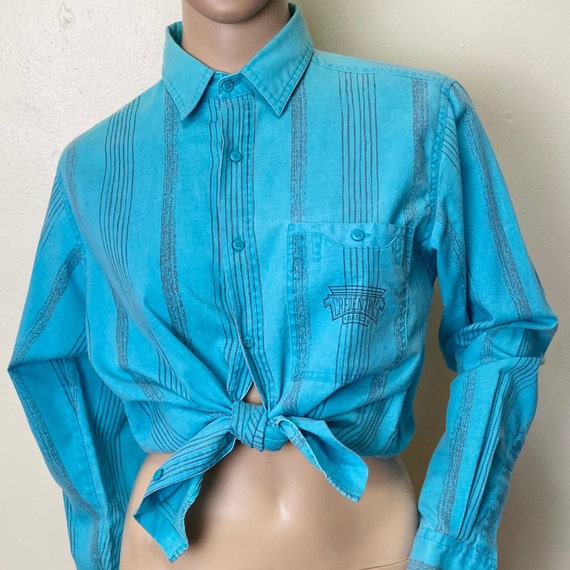 Teal Striped 80s Credentials Button Down Shirt - image 1