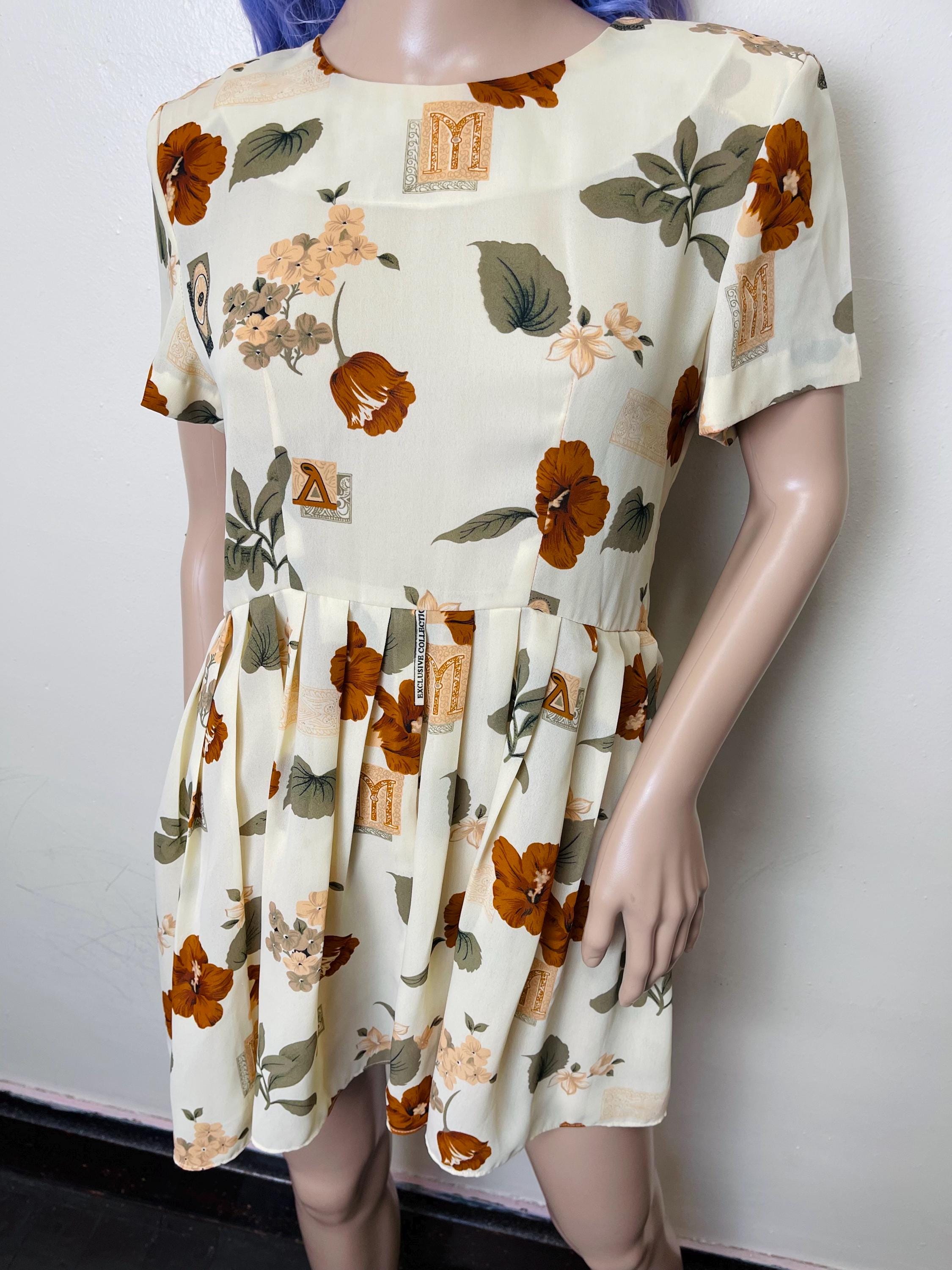 Brown Floral Vintage 80s Upcycled Mini Dress With Button Down Back