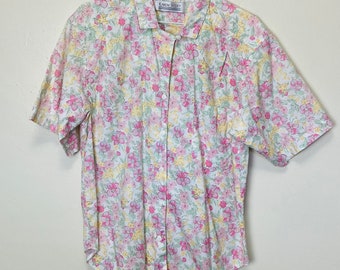 Spring Garden Vintage 80s Pastel Floral Print Button Down Collared Top