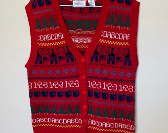 Pommes et alphabet vintage des années 90 en tricot gilet en coton ramie mélangé
