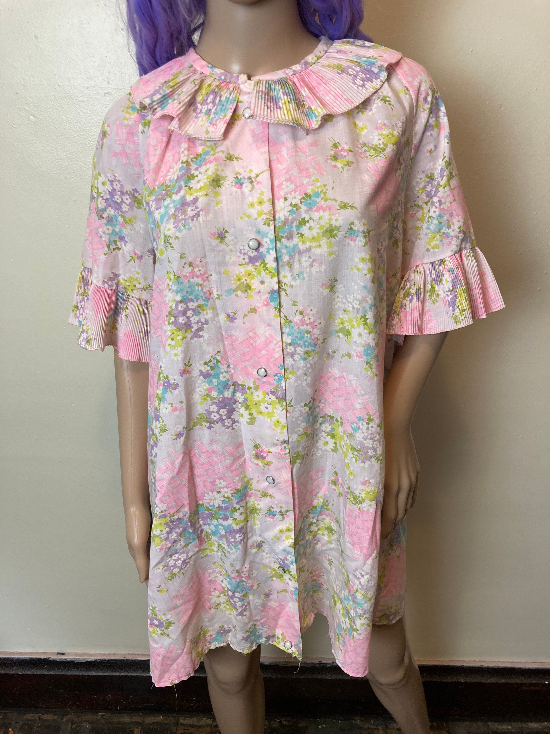 Pastel Floral Vintage 60s Pleated Collar Nap Dress House Coat L