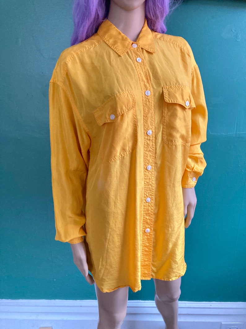 Vintage 80s Pure Silk Golden Yellow Oversize Collared Top