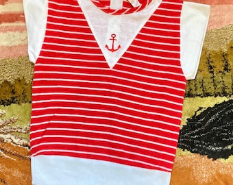 Cherry Red Anchor Embroidered Vintage 70s Girls Nautical Top S 6