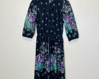 Black and Purple Peony Print Blouson Vintage 1970s Midi Secretary Dress