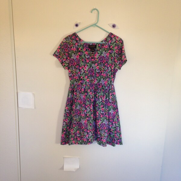 SALE Vintage Dress - 1990s Gorgeous Floral Button Up Babydoll Cotton Mini Dress