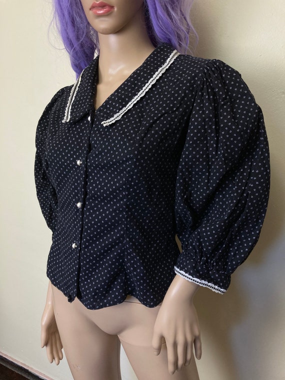 Balloon Sleeve Vintage 70s Collared Calico Croppe… - image 5