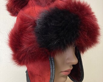 Red and Black Rabbit Fur Vintage 80s Puffball Winter Hat - Etsy display picture 1