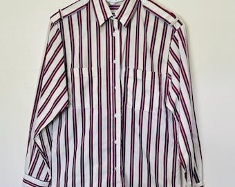 Vintage 80s Purple and White Vertical Striped Button Down Top S