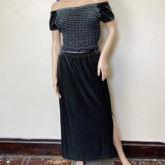 Charcoal Gray Velvet Textured Crop Top and Slit S… - image 1