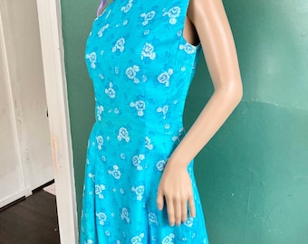 1960s Blue Floral Print Fit and Flare Dress