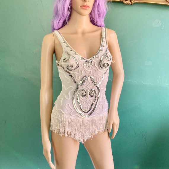 White and Silver Sequin True Vintage 60s Fringe Le