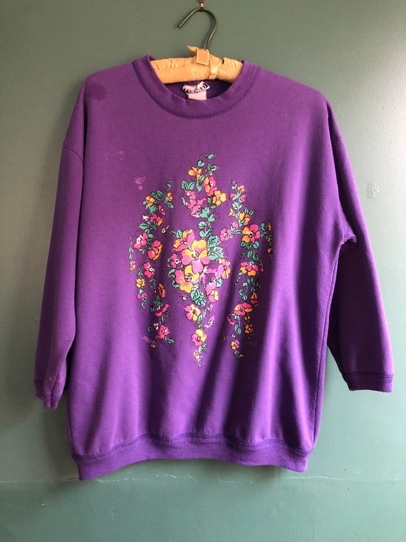 Vintage 80s Botanical Oversize Purple Sweatshirt - image 6