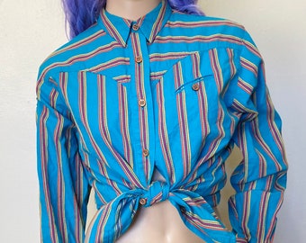 Rodeo Queen Westernwear Vintage 80s Electric Blue Collared Shirt
