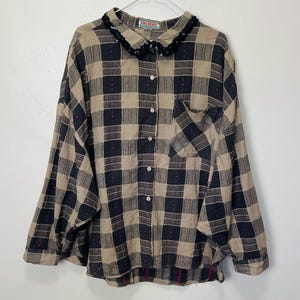 Taupe and Pink Plaid Print Vintage 80s Sequin Collared Dolman Sleeve Shirt