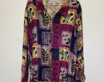 Pure Silk Botanical Print Vintage 90s Boxy Blouse