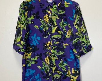 American Sweetheart Pop Art Floral Vintage 80s Purple Green and Blue Collared Shirt