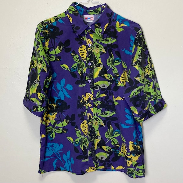 American Sweetheart Pop Art Floral Vintage 80s Purple Green and Blue Collared Shirt