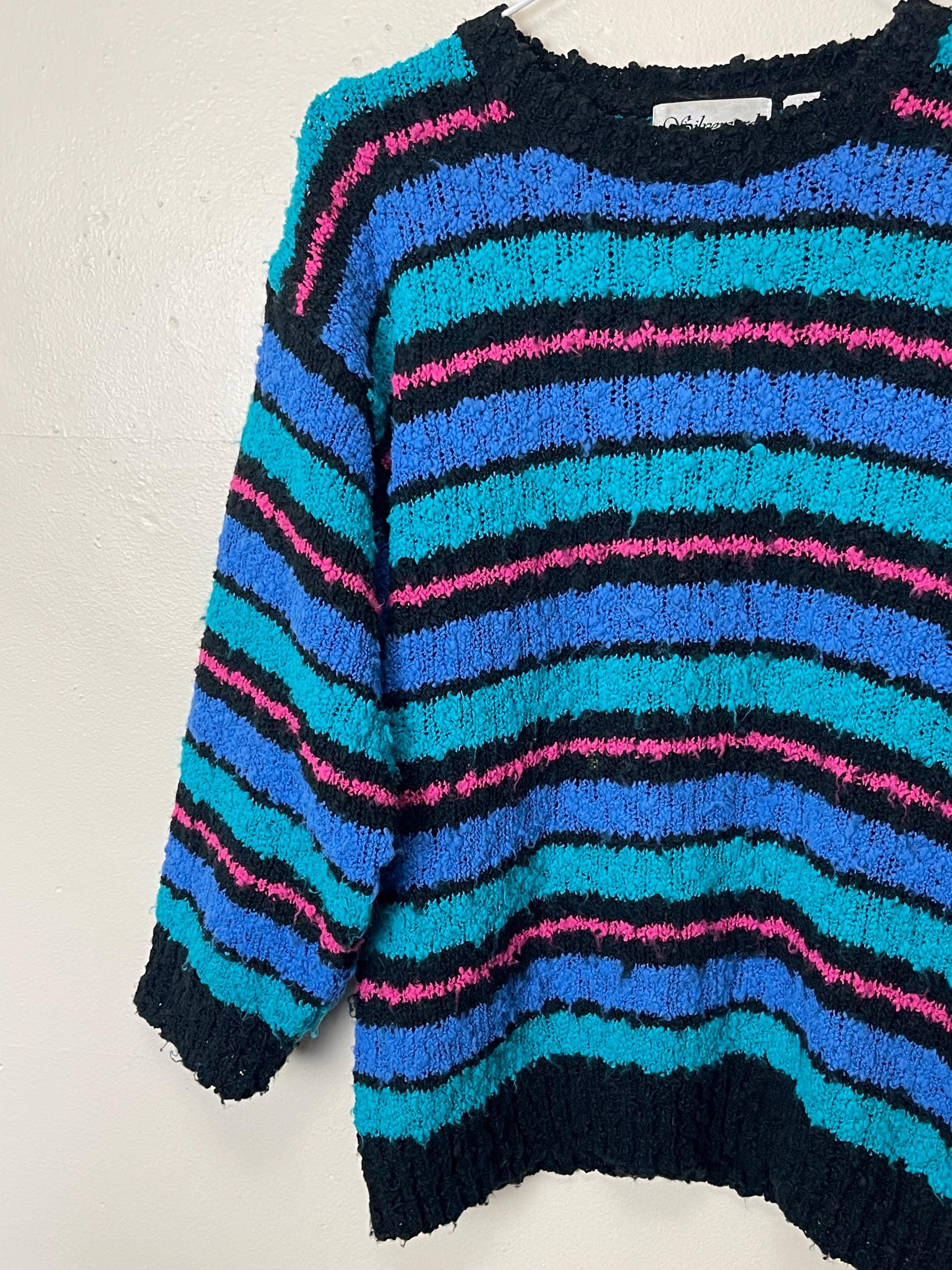 New Wave Striped Fuzzy 80s Colorful Neon Sweater - Etsy