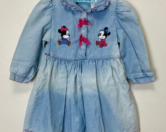 Baby Mickey and Minnie Vintage 90s Bleached Out Collared Denim Mini Dress 18M