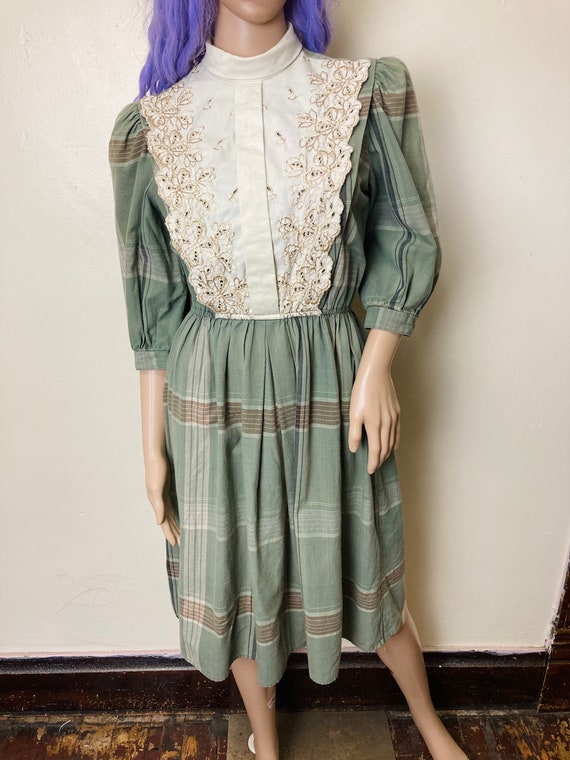 Sage Green Plaid Vintage 70s Lace Bib Midi Dress - image 6
