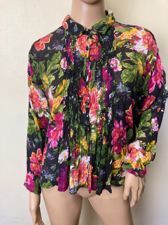 Floral Gauze Vintage 90s Boxy Collared Top - image 7