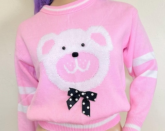 Candy Pink Teddy Bear Vintage 80s Crewneck Pullover Sweater