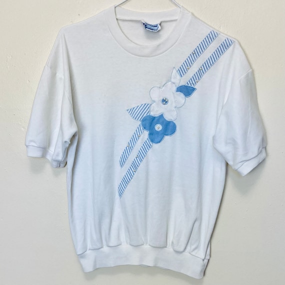 Pastel Blue Daisy Appliqué Vintage 80s Tee