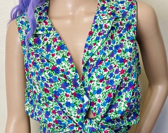 Candy Colored Vintage 80s Calico Floral Collared Button Down Top