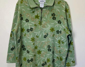 Vintage 90s Sage Green Floral Print Collared Sweatshirt 1X