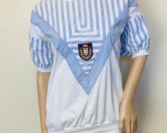 Blue and White Striped Puff Sleeve Vintage 80s Tee